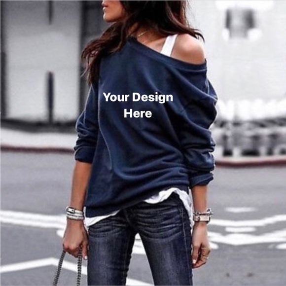 Blue Crewneck Long Sleeve Off-Shoulder Pullover Sweatshirt Top - Picture 2 of 3